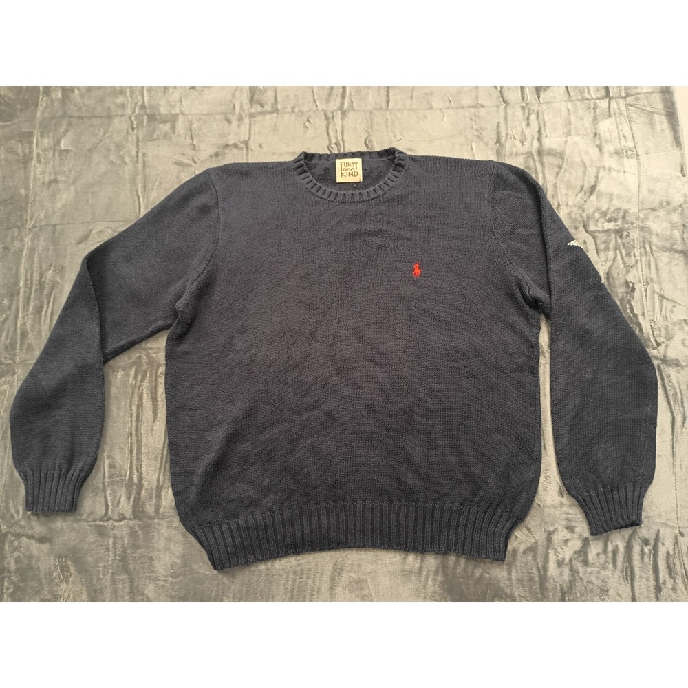 Vintage Furst Of A Kind‎ Mens Navy Blue Crew Neck Sweater with Pony Logo & Stars